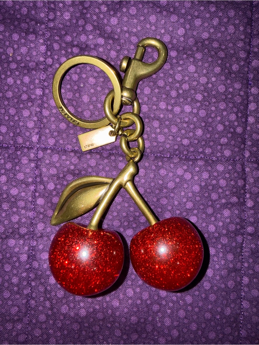 Coach Red Glitter Cherry Keychain Bag Charm with Antique Gold Hardware